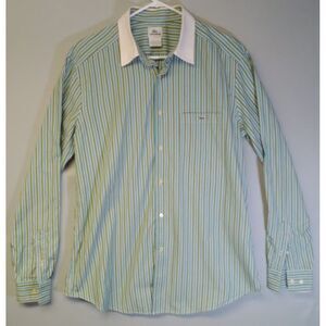 Lacoste Dress Shirt Men's 42 Green Striped Long Sleeve White Collar Gator Logo